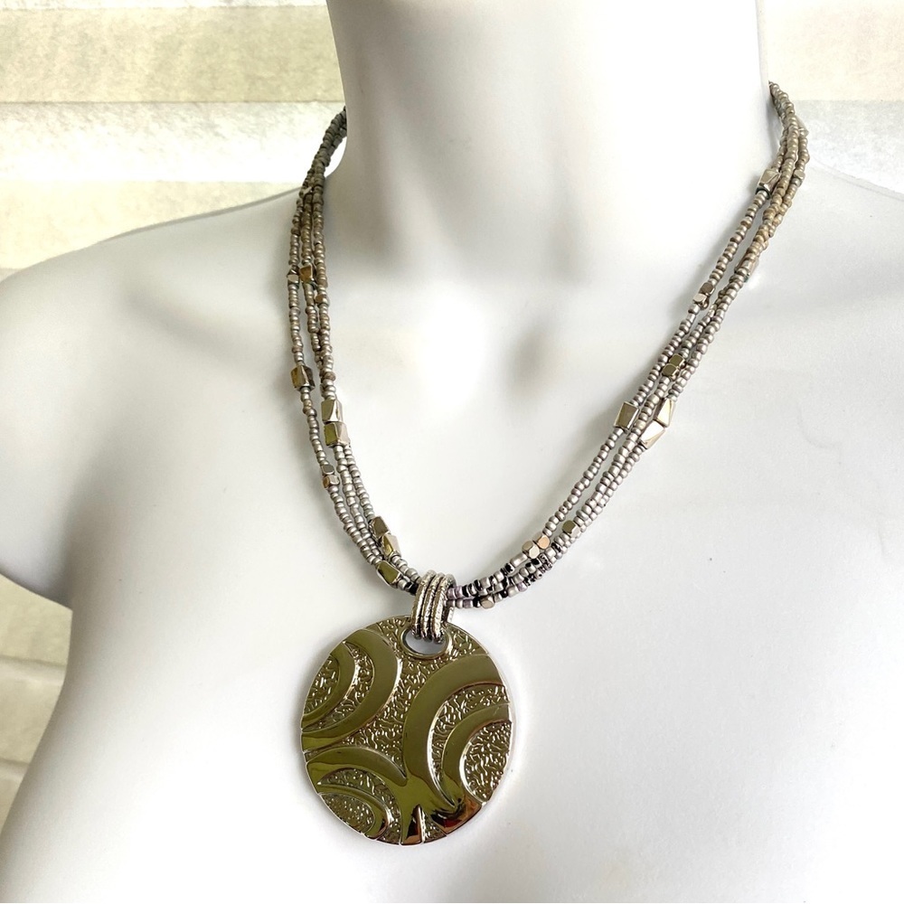 LIA SOPHIA Silver Seed Beads Multi-Strand Silver Disc Pendant